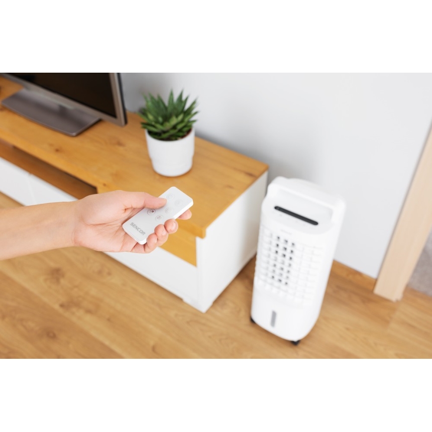 Sencor - Enfriador de aire portátil con pantalla LED 3 en 1 45W/230V blanco + mando a distancia