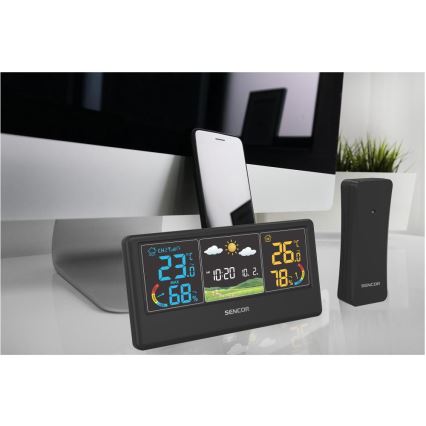 Sencor - Estación meteorológica con pantalla LCD a color 3xAAA + 2xAA negra