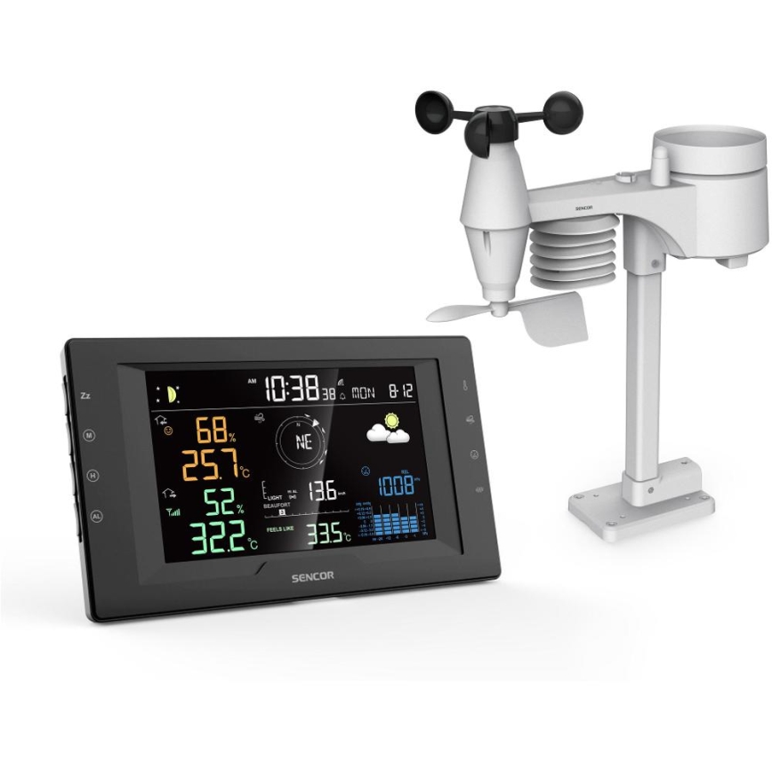 Sencor - Estación meteorológica profesional con pantalla LCD en color y despertador 5V/1xCR2032 + 3xAA