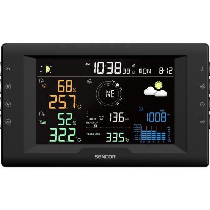 Sencor - Estación meteorológica profesional con pantalla LCD en color y despertador 5V/1xCR2032 + 3xAA