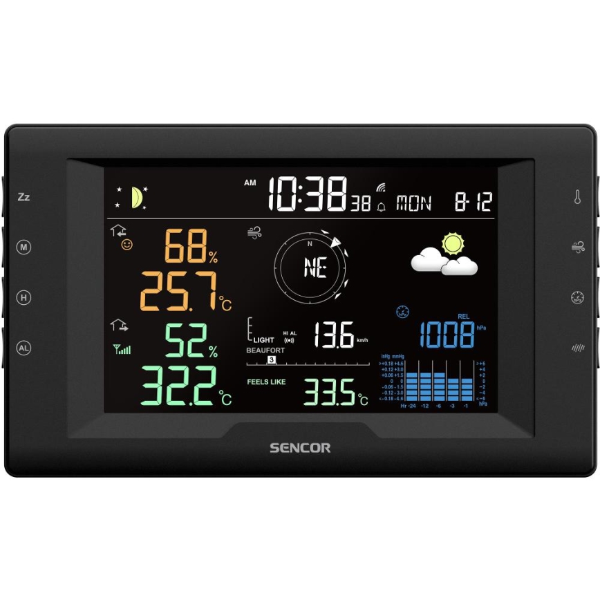 Sencor - Estación meteorológica profesional con pantalla LCD en color y despertador 5V/1xCR2032 + 3xAA