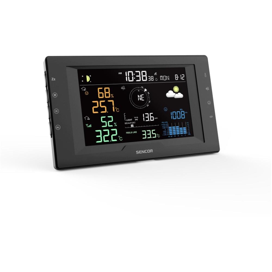 Sencor - Estación meteorológica profesional con pantalla LCD en color y despertador 5V/1xCR2032 + 3xAA