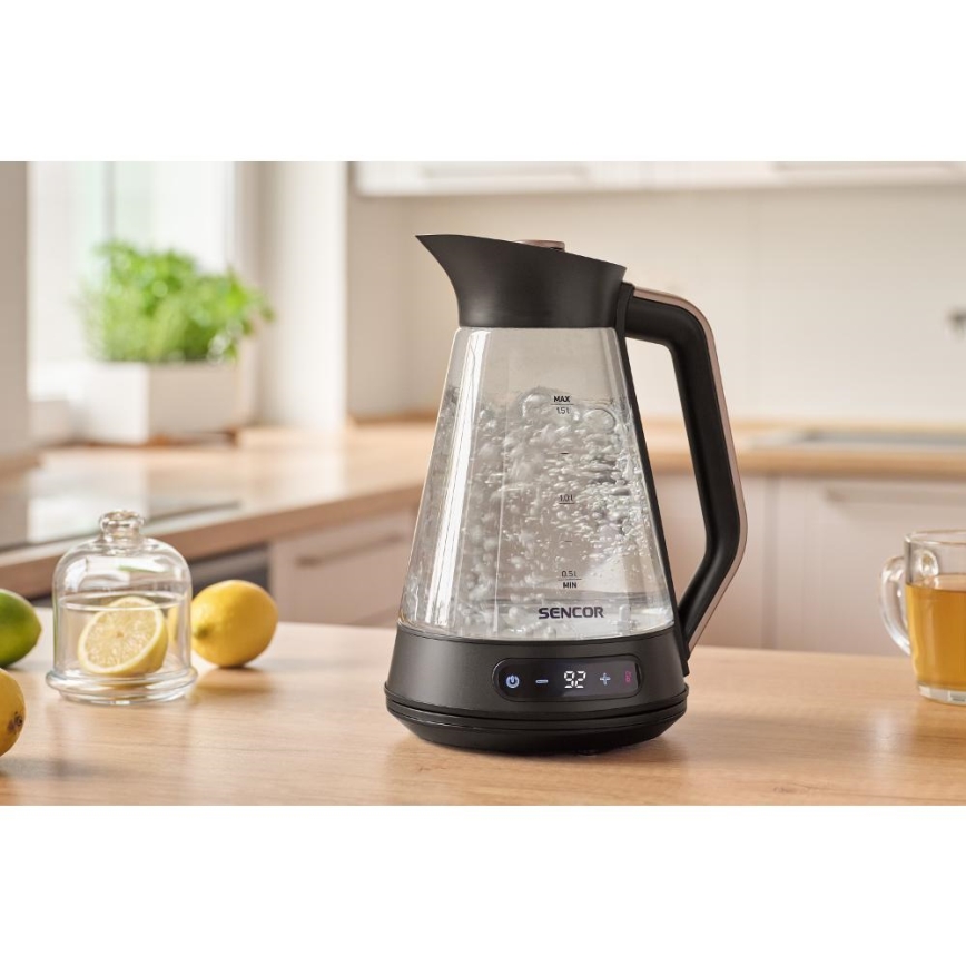Sencor - Hervidor eléctrico con control de temperatura, 1,5 l, 2150 W/230 V, negro/oro rosa