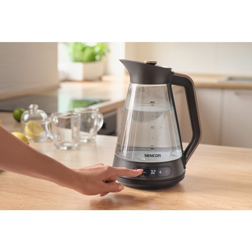 Sencor - Hervidor eléctrico con control de temperatura, 1,5 l, 2150 W/230 V, negro/oro rosa