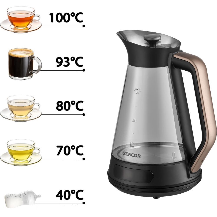 Sencor - Hervidor eléctrico con control de temperatura, 1,5 l, 2150 W/230 V, negro/oro rosa