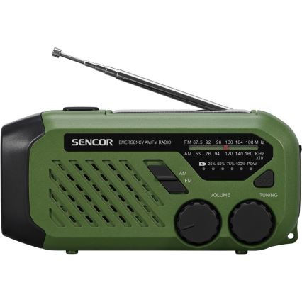 Sencor - Radio de camping con manivela, panel solar y linterna LED 5V/2000 mAh IPX4 verde