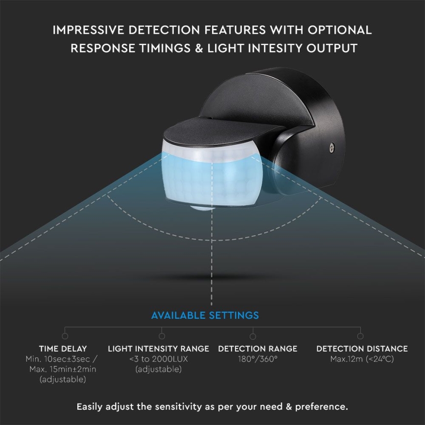 Sensor de movimiento exterior por infrarrojos 180/360° 600W/230V IP65 negro