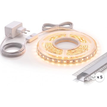 Set 1x cinta LED MYLIVING LIGHTSTRIP LED/22W/230V 5 m + 5x perfil empotrable 1 m plateado/blanco