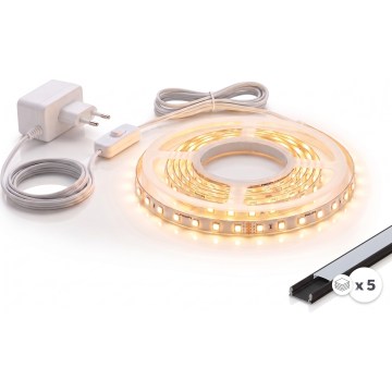 Set 1x cinta LED MYLIVING LIGHTSTRIP LED/22W/230V 5 m + 5x perfil empotrable de 1 m negro/blanco