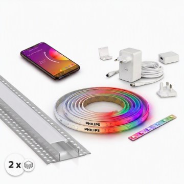 Set de 1 tira LED RGBW regulable Philips Hue WHITE AND COLOR AMBIANCE LED/20W/230V de 2 m + 2 perfiles empotrables de 1 m, plateado/blanco
