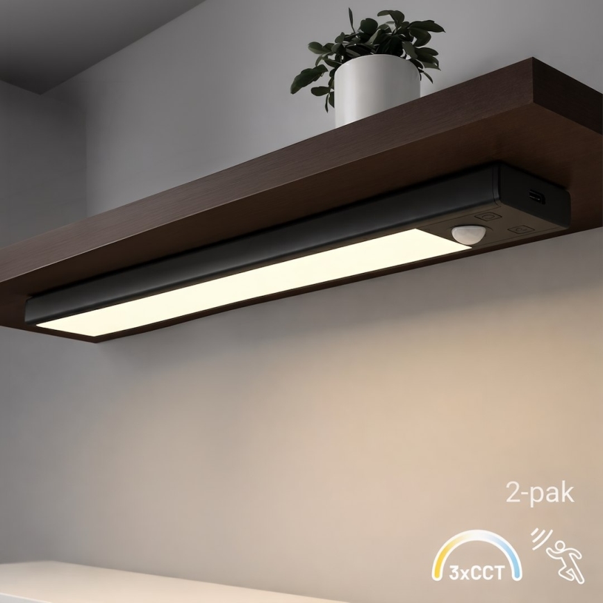 Pack de 2 luces LED recargables para muebles con sensor de movimiento y de crepúsculo VIRO LED/1,2W/3,7V 800 mAh 3000/4000/6500K 30 cm negro