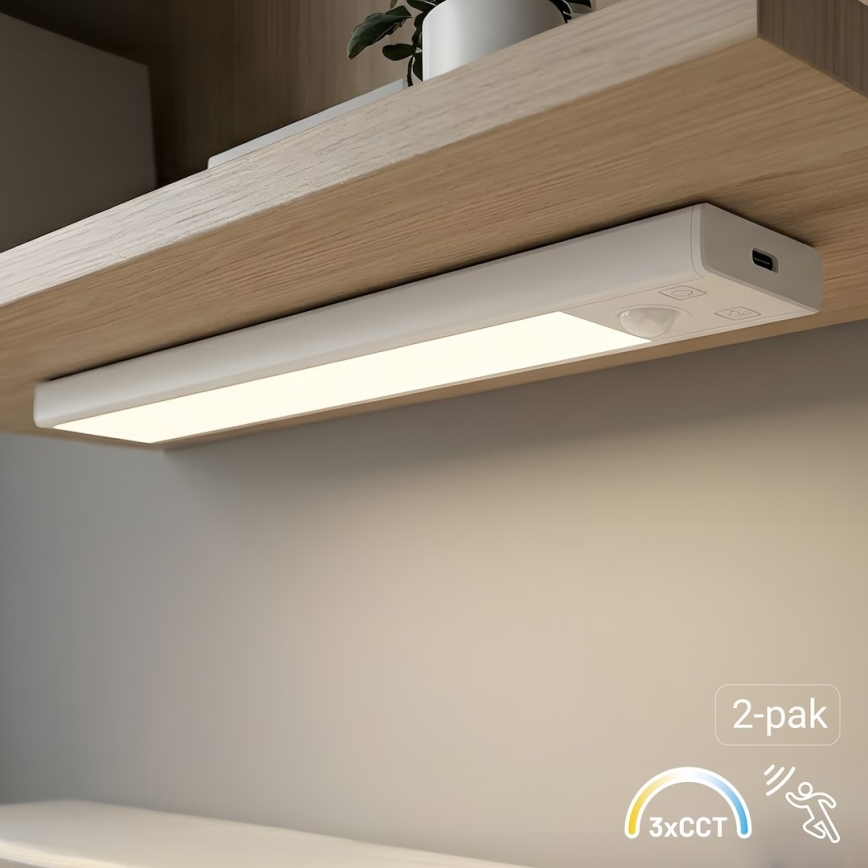 Pack de 2 luces LED recargables para muebles con sensor de movimiento y sensor crepuscular VIRO LED/1W/3,7V 800 mAh 3000/4000/6500K 20 cm blanco
