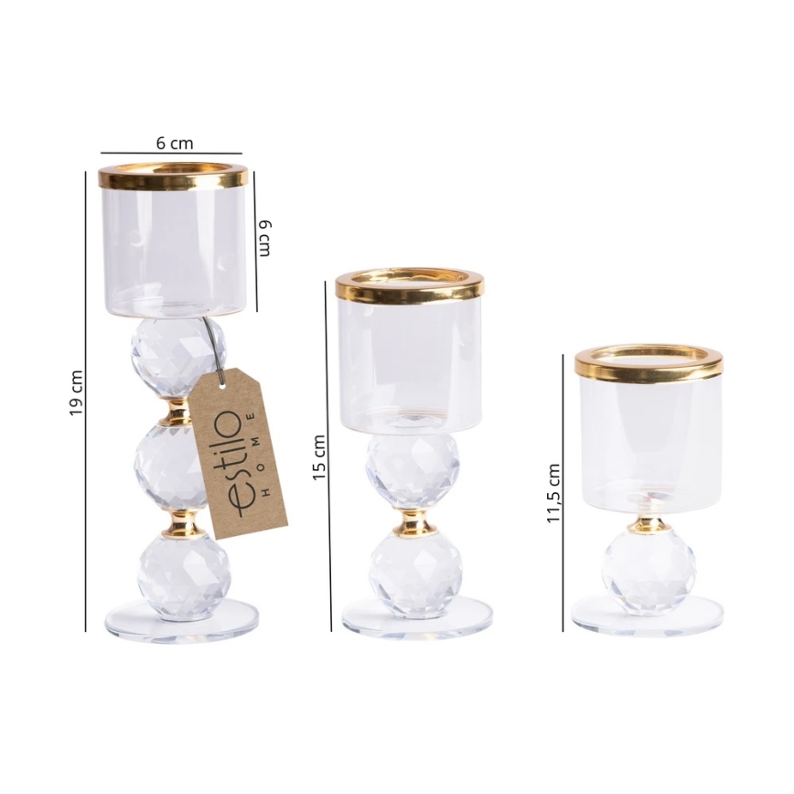 Set de 3 portavelas dorados/transparentes