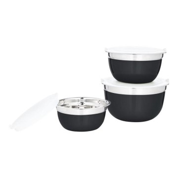 SET DE 3x Cuenco con tapa negro/acero inoxidable