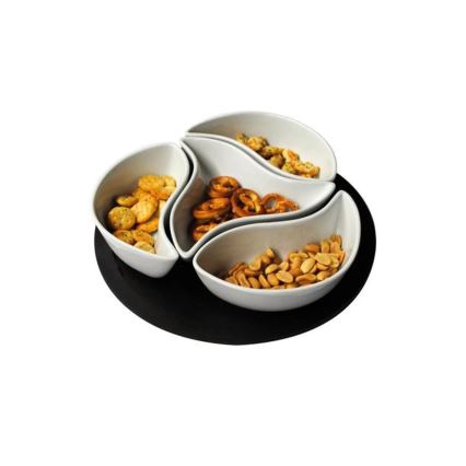 Set de 4 cuencos con bandeja TORO, cerámica y madera