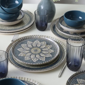 Set de vajilla de 24 piezas azul/crema/gres