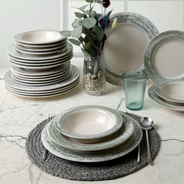 Set de vajilla de 24 piezas en cerámica, tonos crema y verde