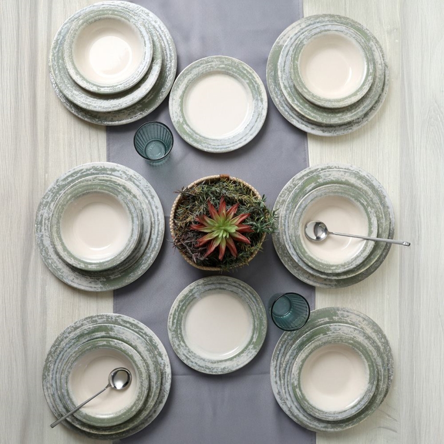 Set de vajilla de 24 piezas en cerámica, tonos crema y verde