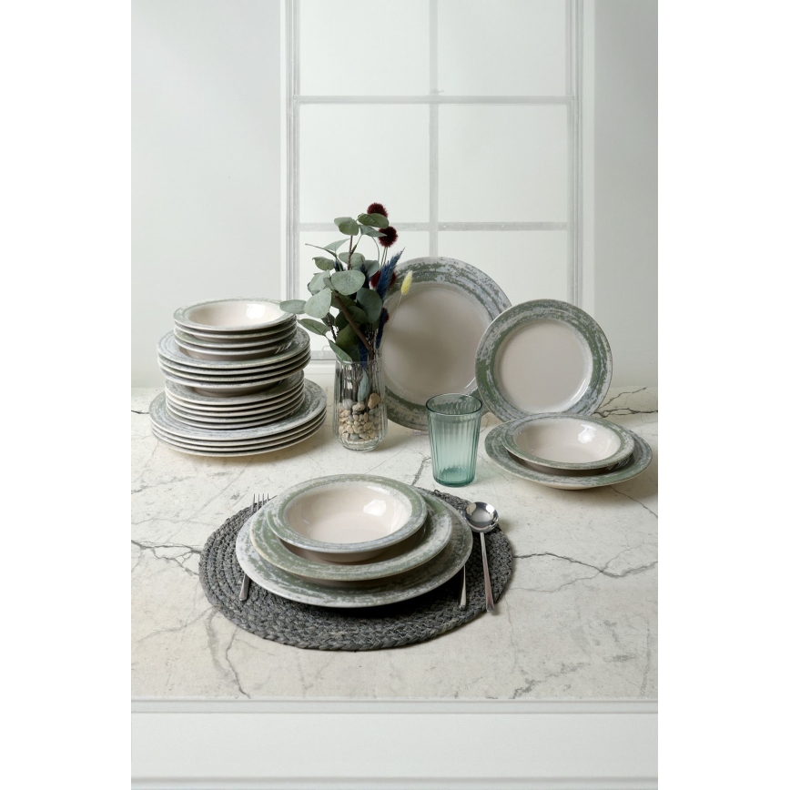 Set de vajilla de 24 piezas en cerámica, tonos crema y verde
