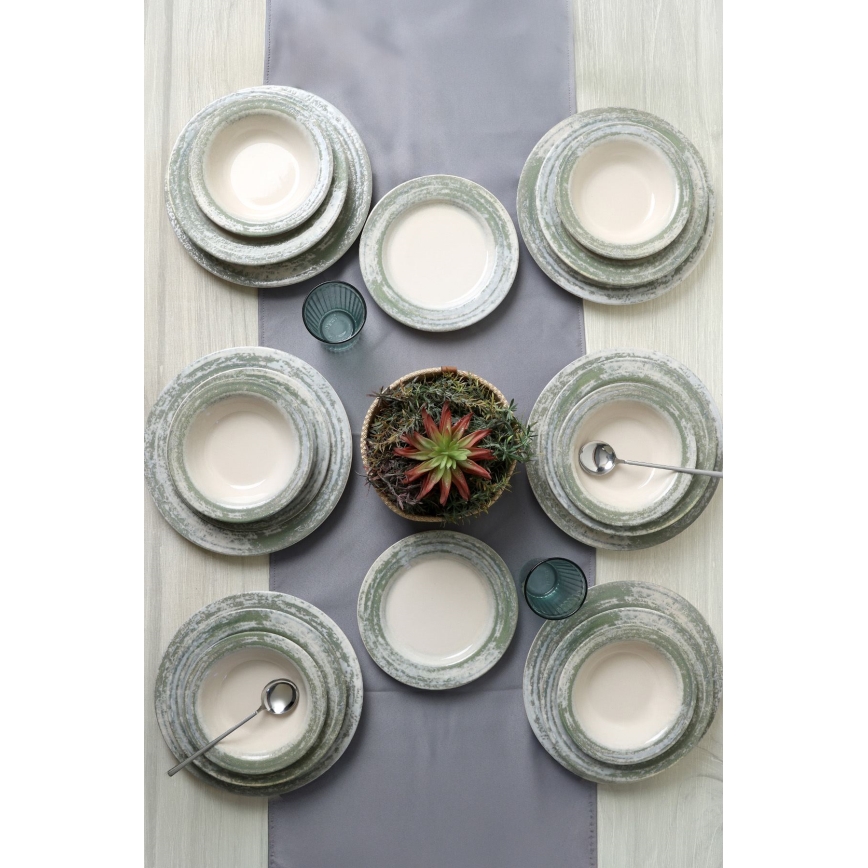 Set de vajilla de 24 piezas en cerámica, tonos crema y verde