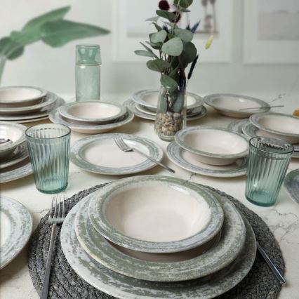 Set de vajilla de 24 piezas en cerámica, tonos crema y verde