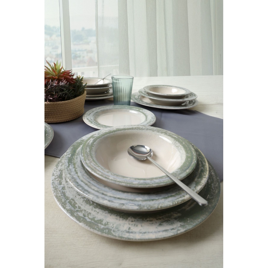 Set de vajilla de 24 piezas en cerámica, tonos crema y verde