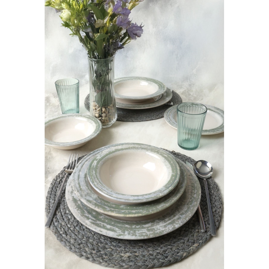 Set de vajilla de 24 piezas en cerámica, tonos crema y verde