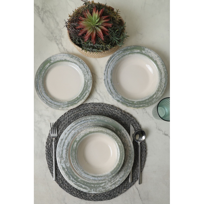 Set de vajilla de 24 piezas en cerámica, tonos crema y verde