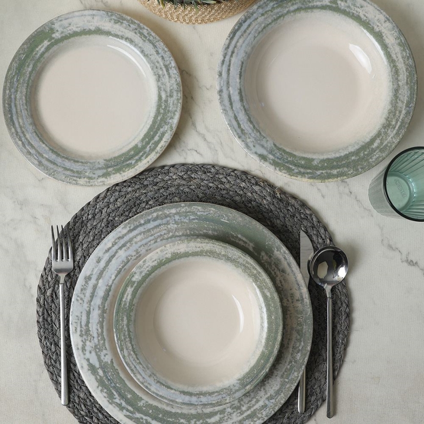 Set de vajilla de 24 piezas en cerámica, tonos crema y verde