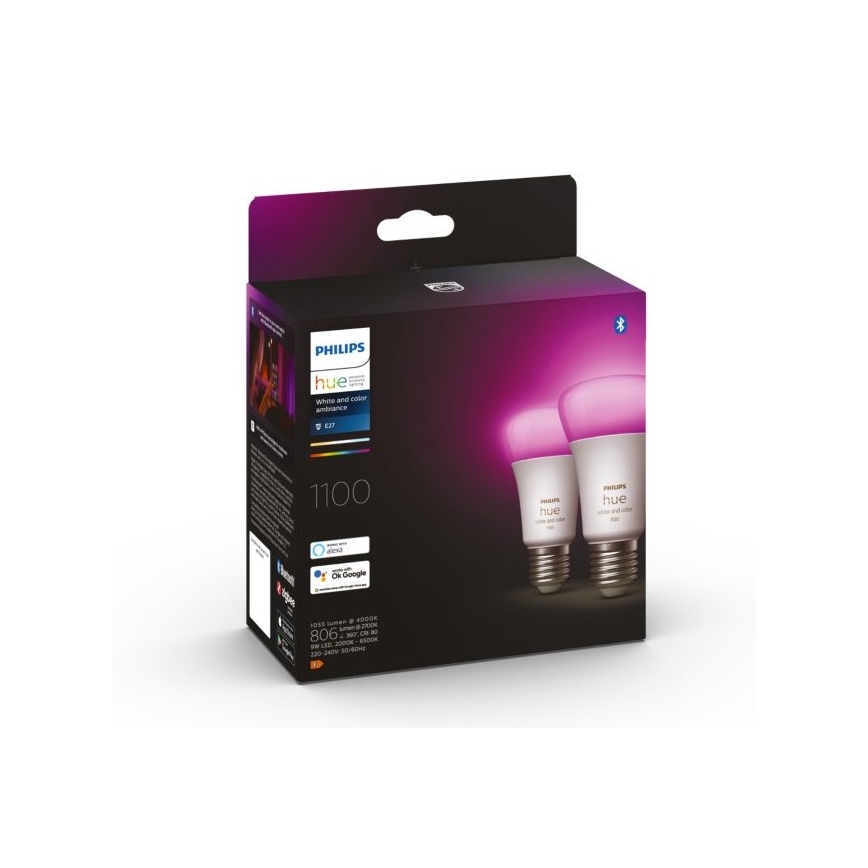 SET - Tira LED RGBW regulable Philips Hue WHITE AND COLOR AMBIANCE 2m LED/20W/230V + 2x Bombilla LED regulable Philips A60 E27/9W/230V 2000-6500K