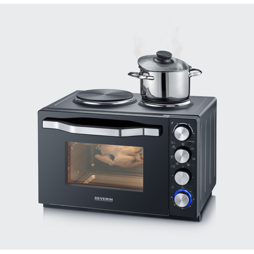 Severin TO 2074 - Horno de convección con grill y placas de cocción eléctricas 2500W/230V 30 l negro