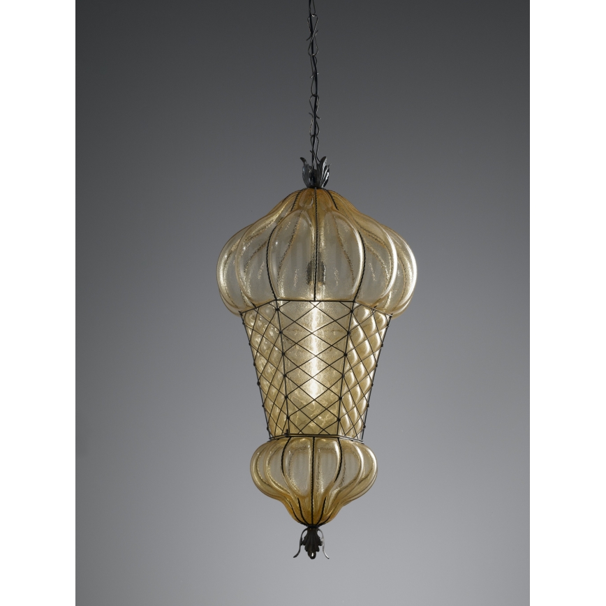SIRU - Lámpara colgante con cadena BABÀ 1xE27/60W/230V diá. 30 cm beige/marrón Vidrio veneciano