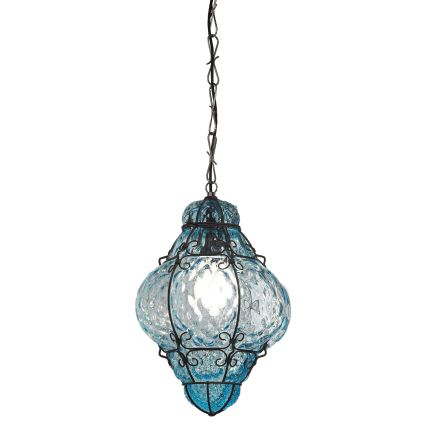 SIRU- Lámpara colgante con cadena CLASSIC 1xE27/60W/230V diá. 30 cm azul/negro Vidrio veneciano