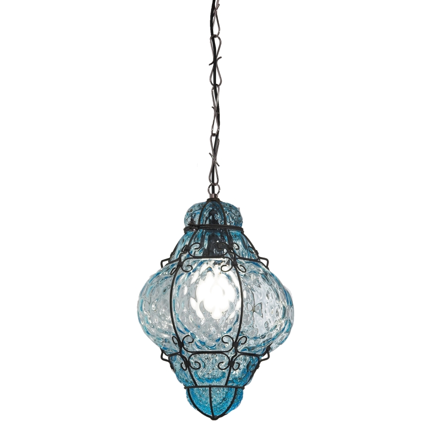SIRU- Lámpara colgante con cadena CLASSIC 1xE27/60W/230V diá. 30 cm azul/negro Vidrio veneciano