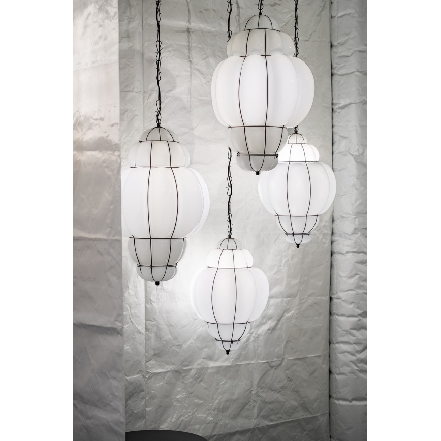 SIRU - Lámpara colgante con cadena RIVISTO 1xE27/60W/230V diá. 45 cm negro/blanco Vidrio veneciano