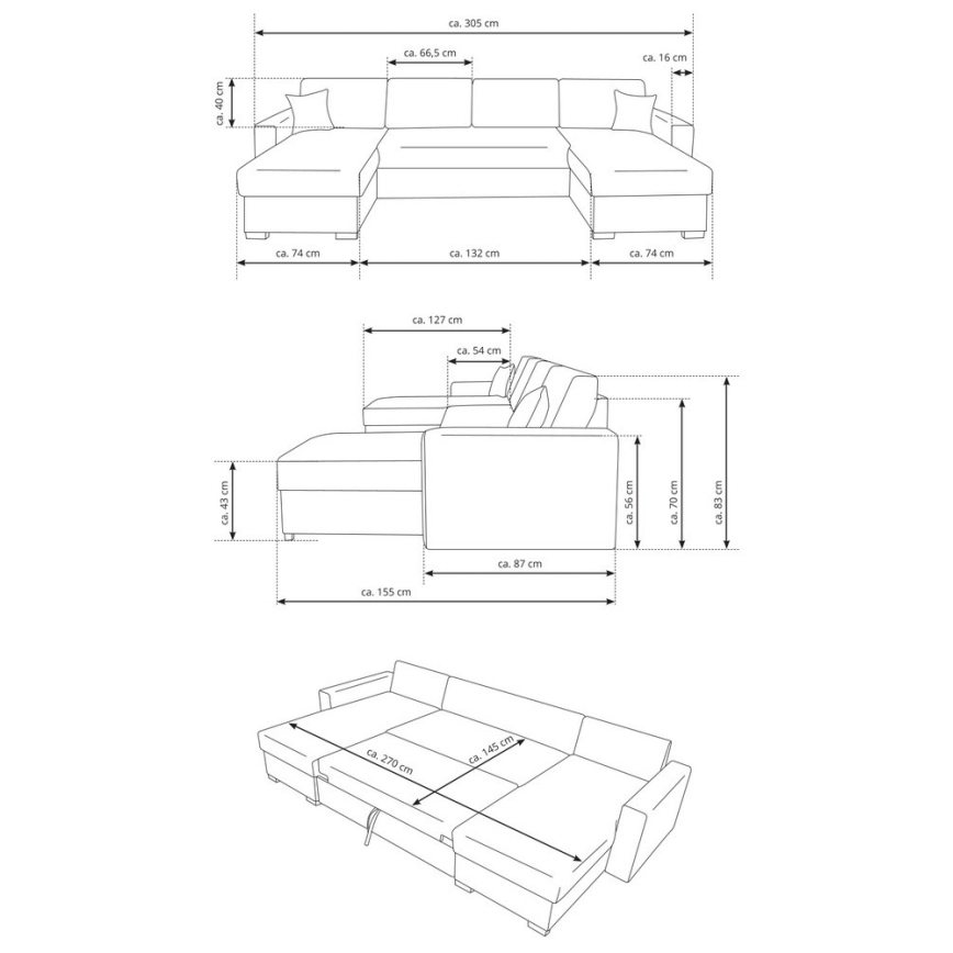 Sofá cama convertible en U con amplio espacio de almacenamiento JANISE, gris