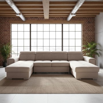Sofá cama en U con rincón reversible y arcón de almacenamiento SALVADA beige