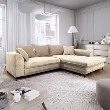 Sofá cama esquinero en L con arcón de almacenamiento LAGOA, esquina derecha, beige/marrón