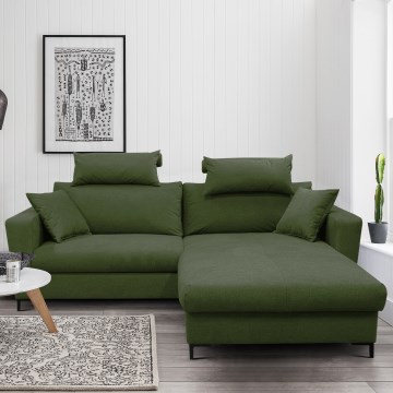 Sofá cama esquinero en L HORTA, con arcón de almacenamiento, orientación derecha, verde