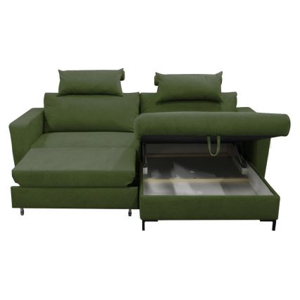 Sofá cama esquinero en L HORTA, con arcón de almacenamiento, orientación derecha, verde