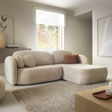 Sofá cama esquinero en L OLBIA con almacenamiento integrado, orientación derecha, beige
