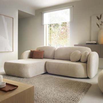 Sofá cama esquinero en L OLBIA, izquierdo, beige, con arcón