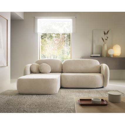 Sofá cama esquinero en L OLBIA, izquierdo, beige, con arcón
