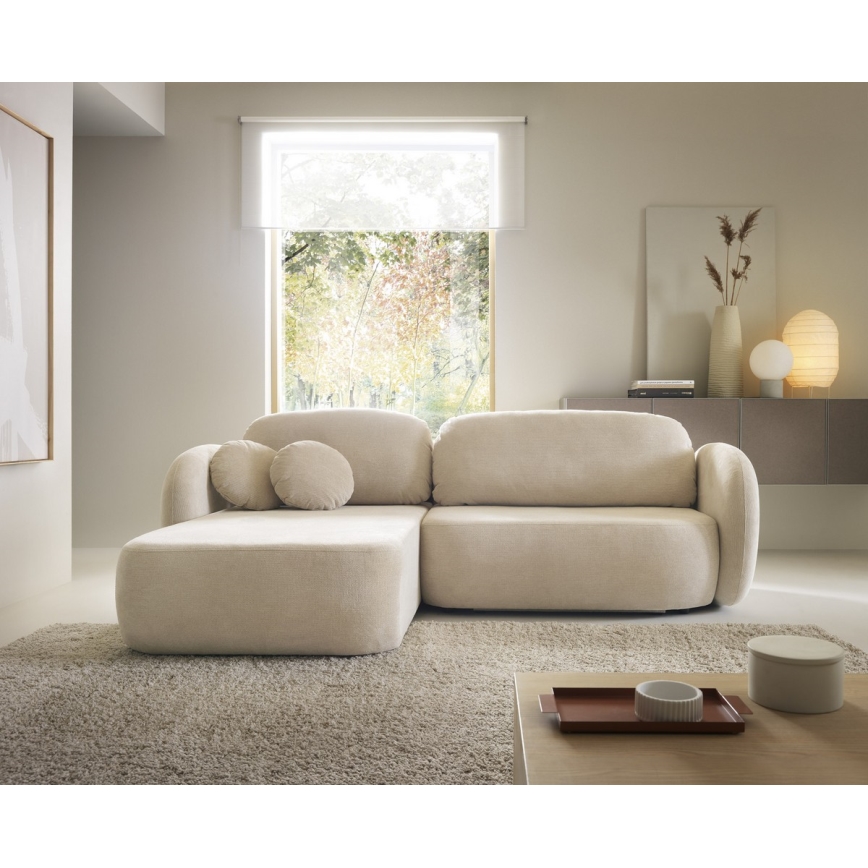 Sofá cama esquinero en L OLBIA, izquierdo, beige, con arcón
