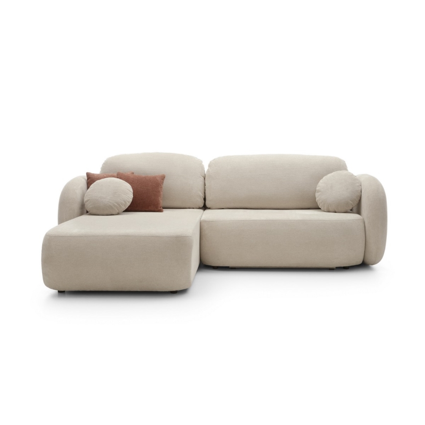 Sofá cama esquinero en L OLBIA, izquierdo, beige, con arcón