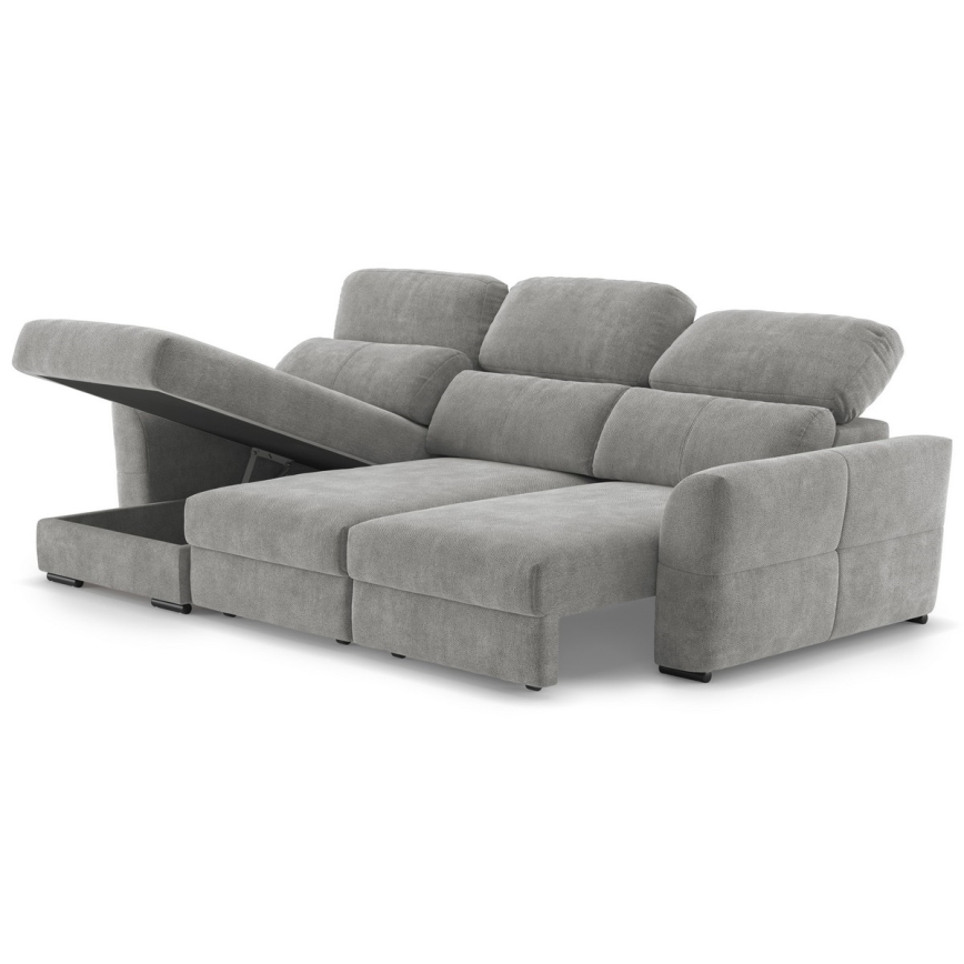 Sofá esquinero reversible de 3 plazas convertible en cama con arcón TRENTO, gris claro