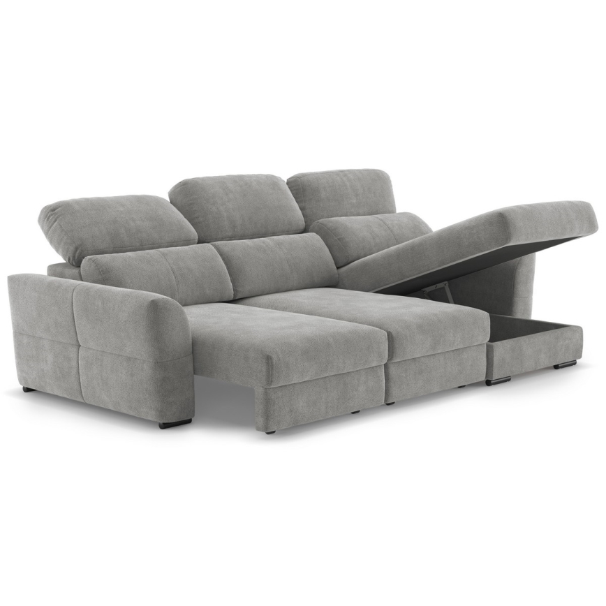 Sofá esquinero reversible de 3 plazas convertible en cama con arcón TRENTO, gris claro