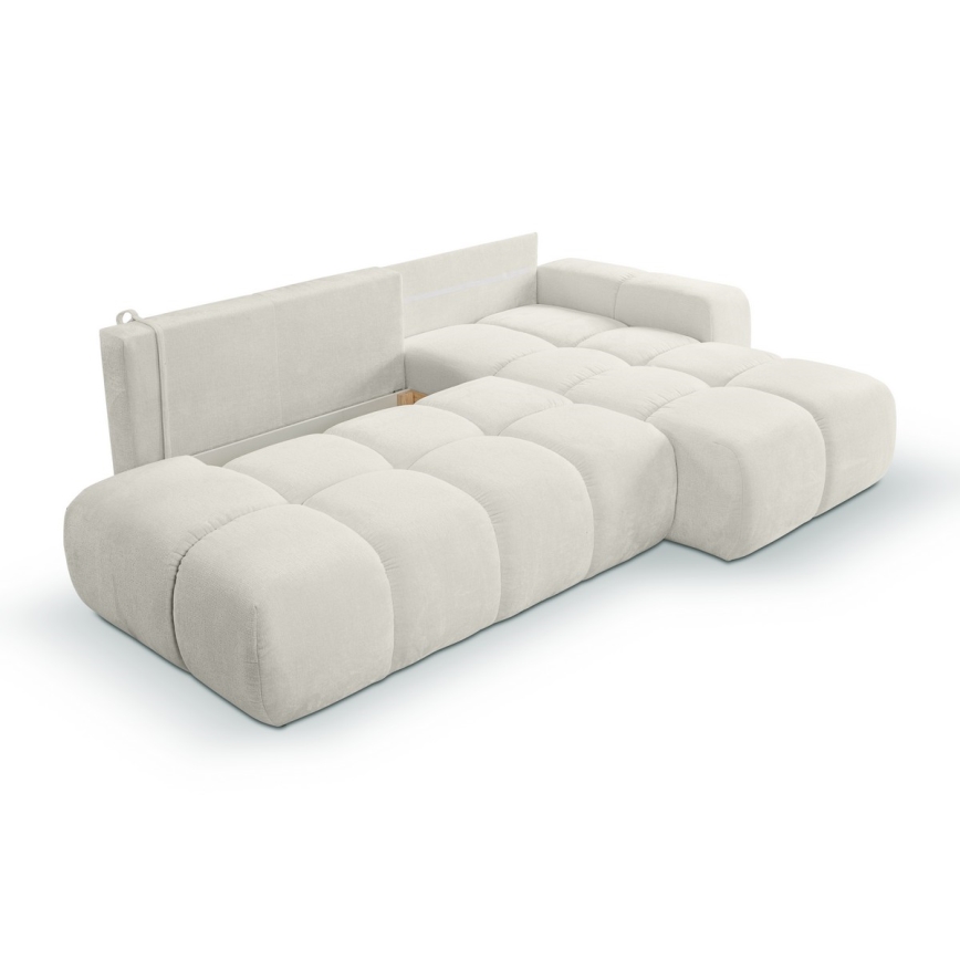 Sofá rinconero tapizado en L ALMADA, cama desplegable y amplio espacio de almacenaje, versión derecha, beige