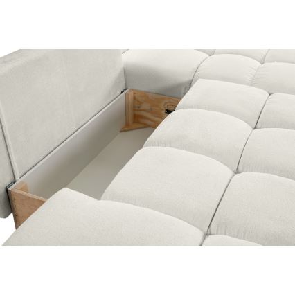 Sofá rinconero tapizado en L ALMADA, cama desplegable y amplio espacio de almacenaje, versión derecha, beige