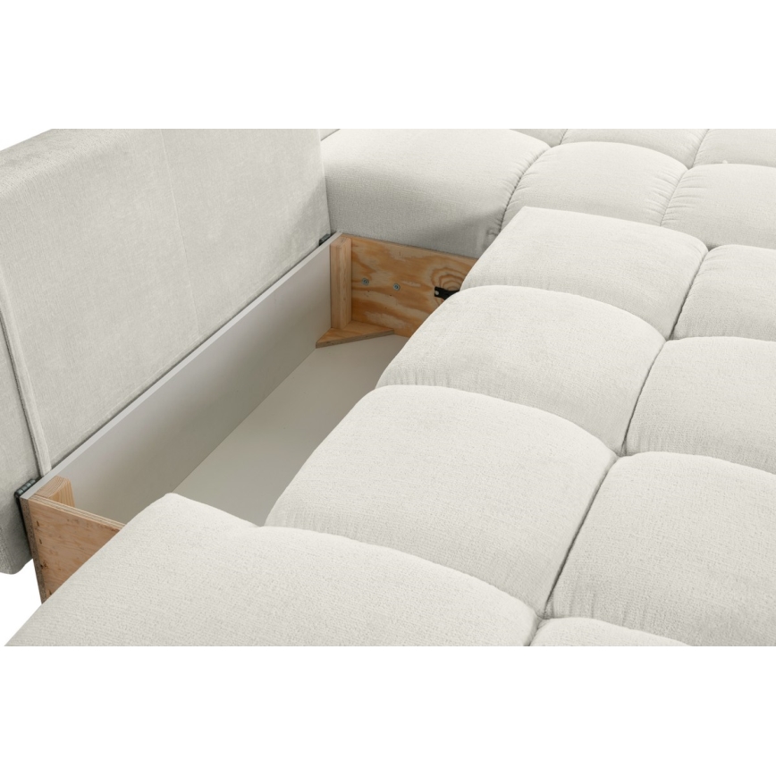 Sofá rinconero tapizado en L ALMADA, cama desplegable y amplio espacio de almacenaje, versión derecha, beige